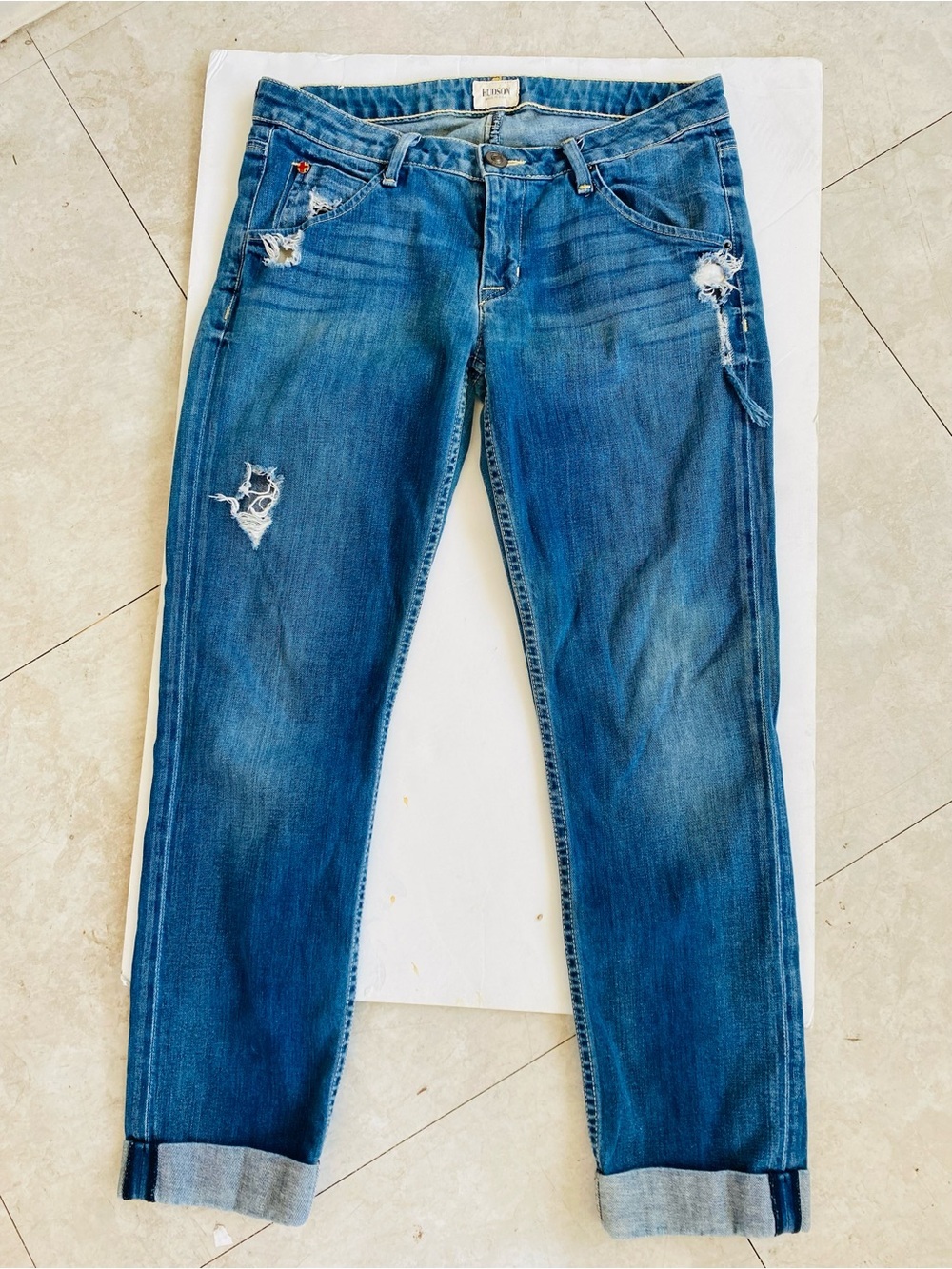Hudson Bacara Crop Straight Cuffed Distressed Jeans 27 Made USA